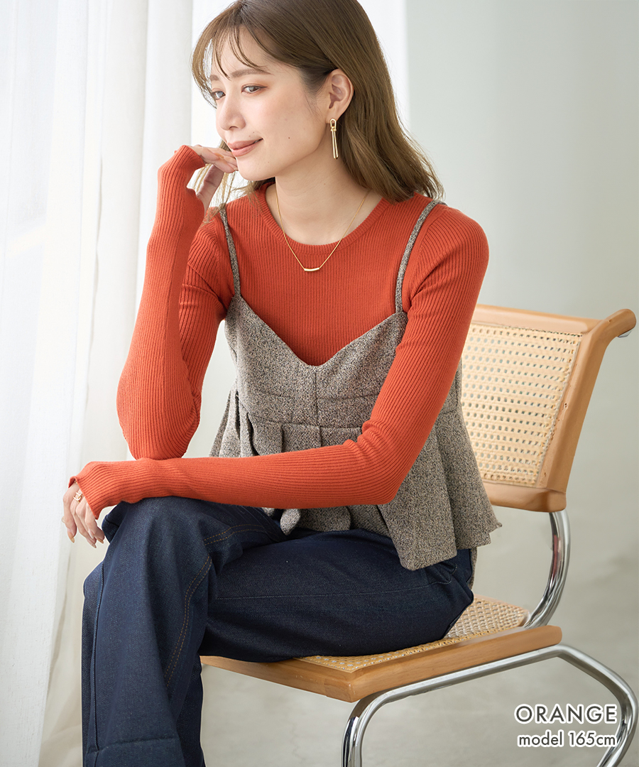 ニット レディース 秋冬 指穴 リブニット セーター クルーネック