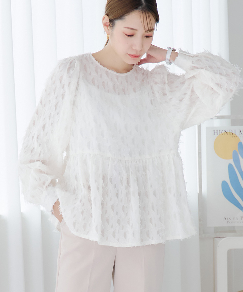 プルオーバー ブラウス レディース シア― ジャガード 丸襟 ペプラム