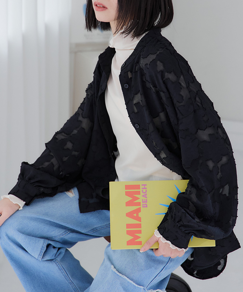 45R フォーティーファイブアール　バンドカラー　長袖シャツ　花柄　ペプラム バンドカラーシャツ レディース シア―シャツ 花柄 シャツ ボリューム袖
