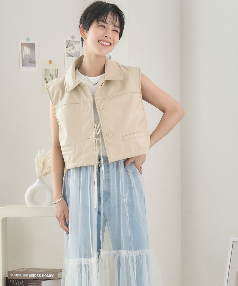 フェイクレザー ベスト レディース 春 ショート丈ベスト ジレ 襟