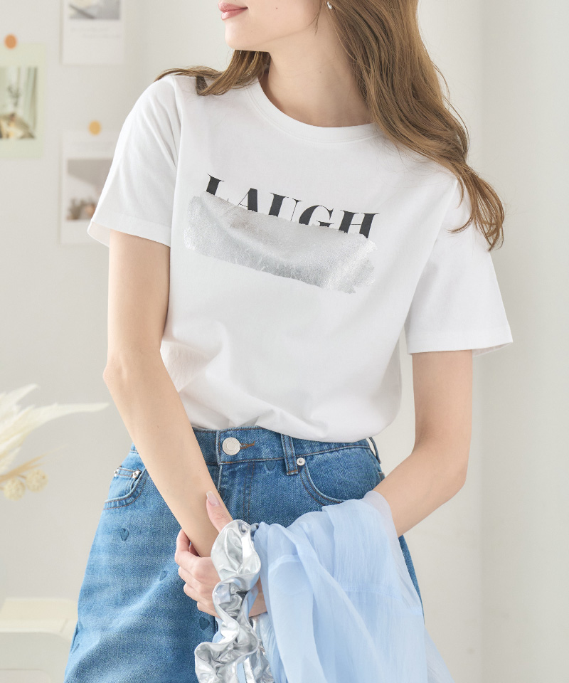 アメリ　プリント　Tシャツ　半袖　レディース　コットン　丸首　ベージュ　フリー 楽天市場】ロゴTシャツ tシャツ レディース 半袖 Tシャツ 箔