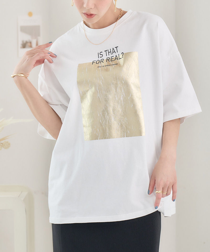 箔ロゴプリントtシャツ tシャツ レディース ロゴ 箔プリントTシャツ t