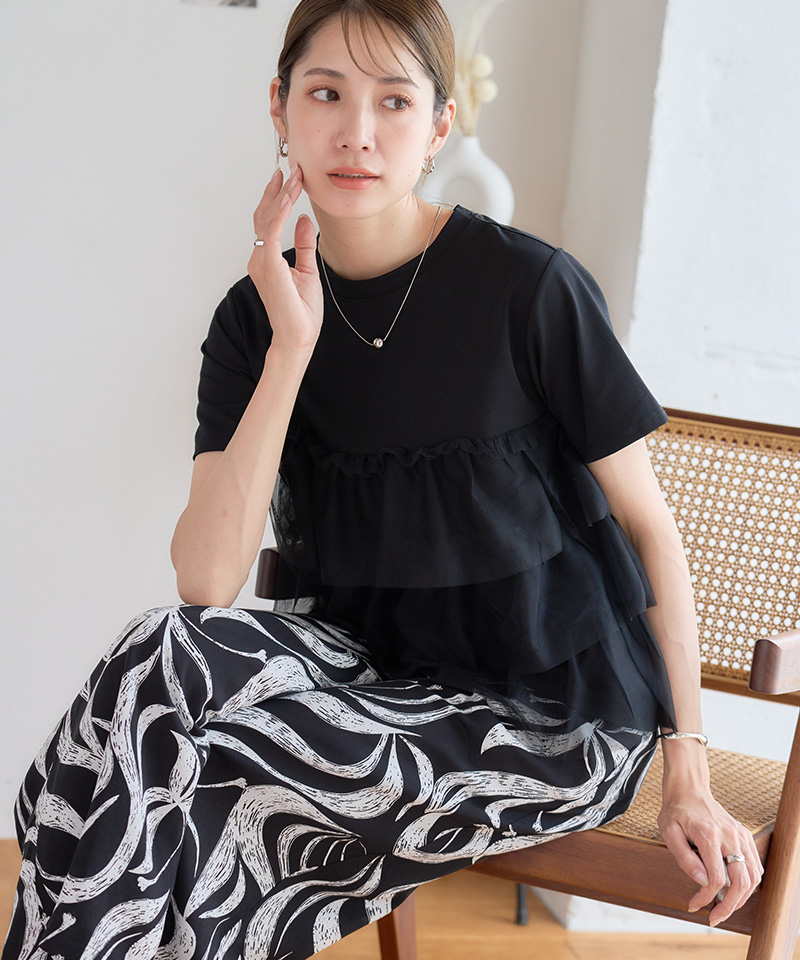 tシャツ フリルトリミングチュールブラウス レディース moment+ ブラウス シャツ シフォンジョーゼットウエストリボン