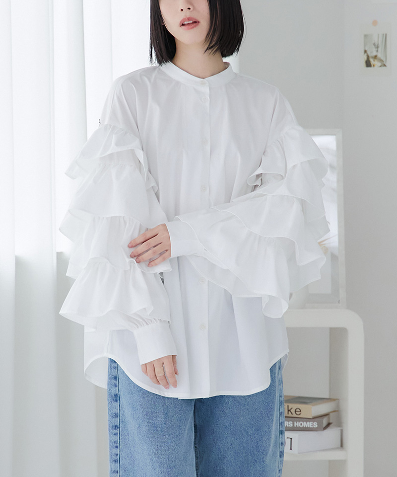 美品 OHGA バンドカラー フリル 長袖シャツ ホワイト 白 サイズF 袖フリル ブラウス シャツ トップス チュニック バンドカラー 大きい