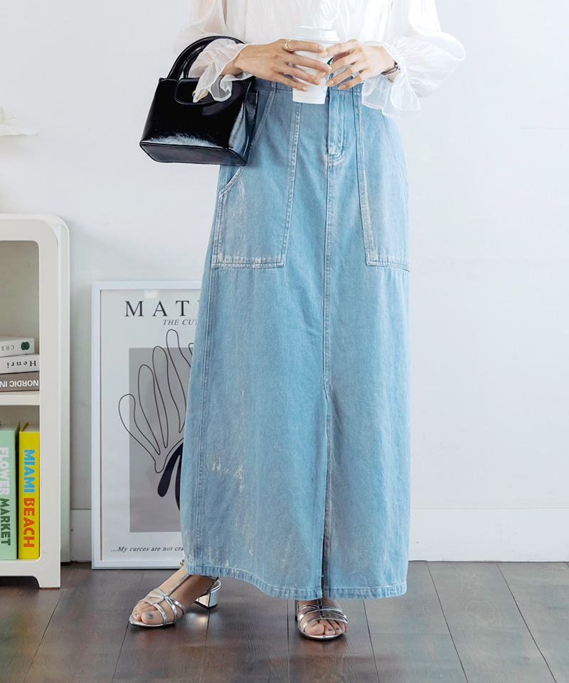 デニムスカート ロング 夏 スリット 箔プリント 箔加工 箔押し Iライン