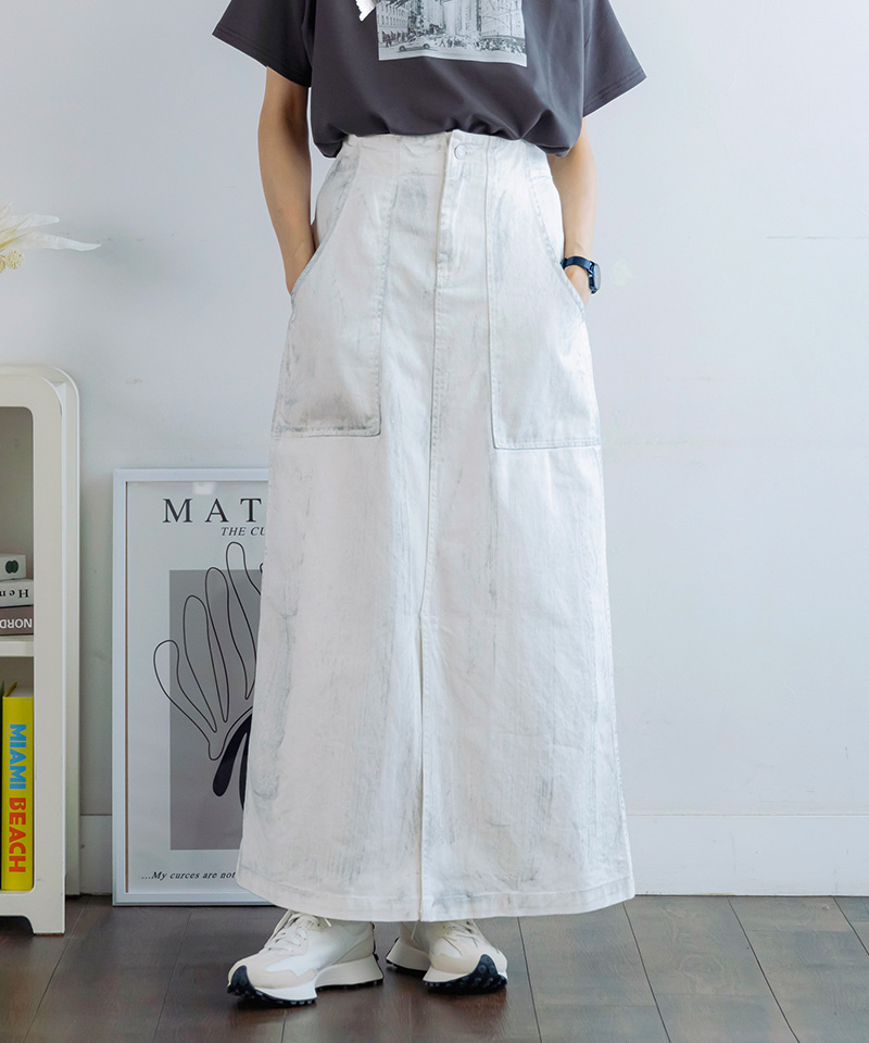 デニムスカート ロング 夏 スリット 箔プリント 箔加工 箔押し Iライン