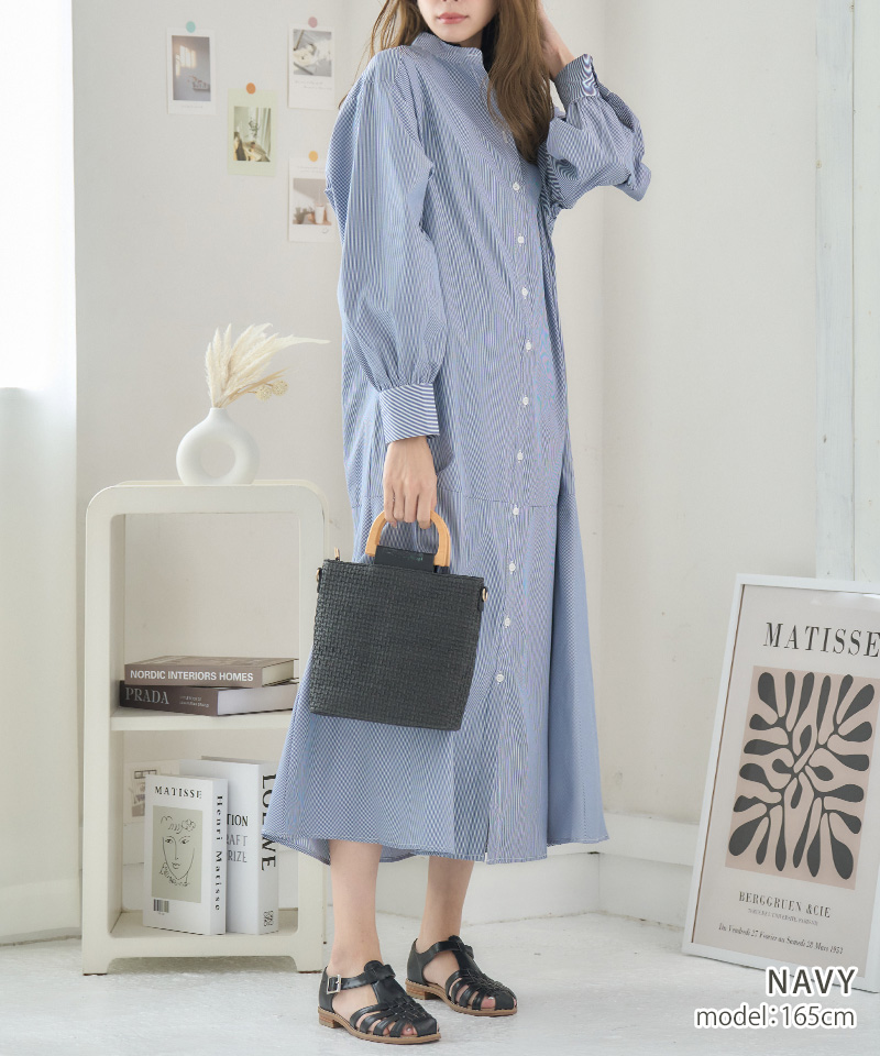 【美品】sandroシャツマキシ丈ワンピース　ストライプ ノーワンノーズ No one knows ストライプ 柄 テントライン