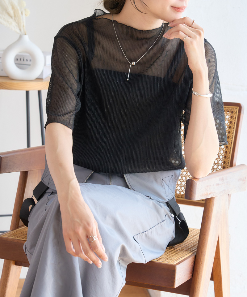 ラメ シアー トップス レディース 半袖 夏 楊柳 メロウ ハイネック