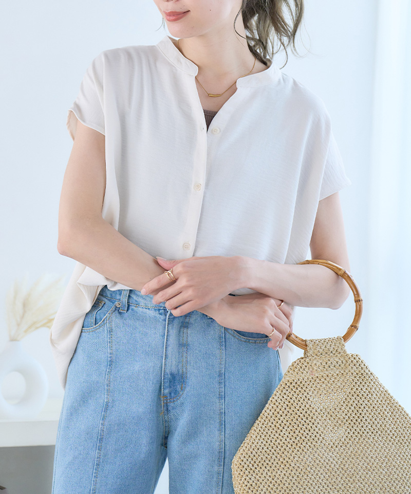 【美品】pot and tea フレンチスリーブ ブラウス トップス 半袖 接触冷感 ブラウス レディース シャツ 半袖 バンドカラー フレンチ
