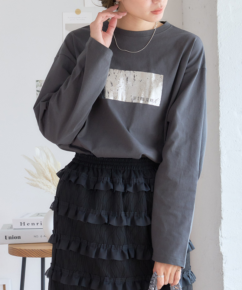 箔プリントtシャツ 長袖 ロングTシャツ 綿100% Tシャツ ロンt