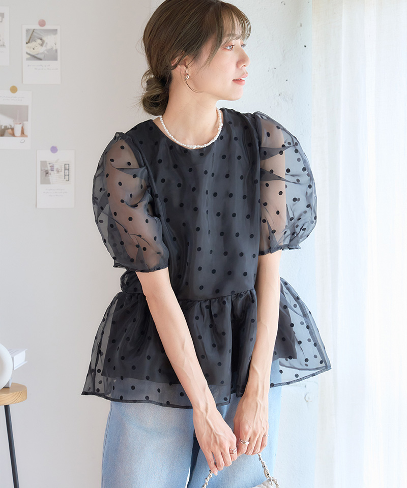 M'S GRACY　ベロア　トップス　袖パール　水玉　後ろボタン　ブラック オーガンジー シアー フロッキー ドット ペプラム ブラウス