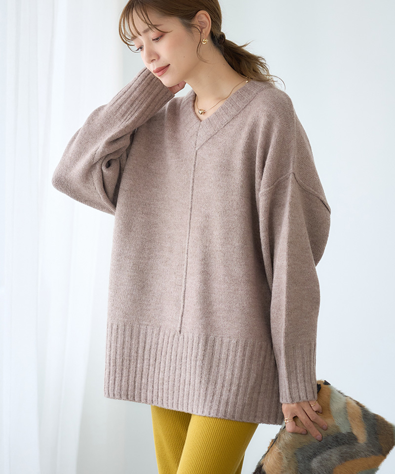Vネック ニットチュニック オーバーサイズ ニット レディース 長袖