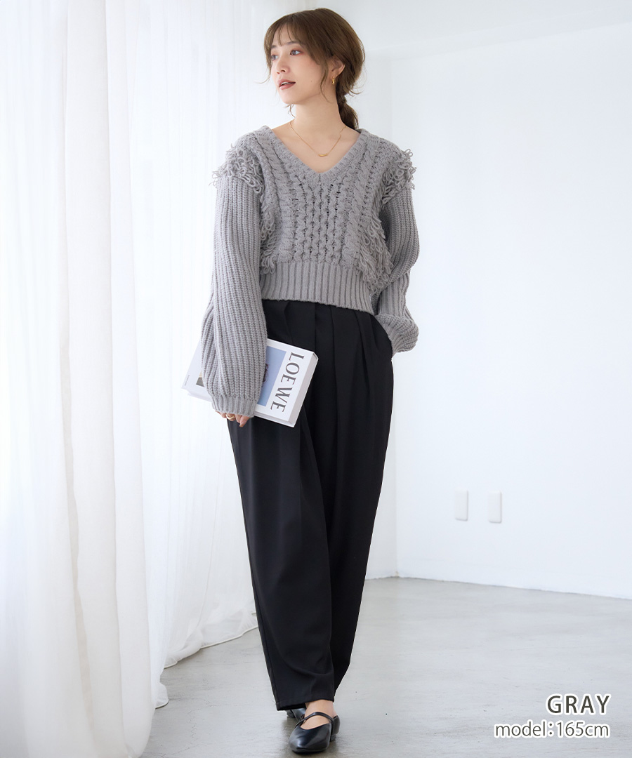 ケーブル フリンジ Vネック ニット トップス レディース 長袖 秋冬 トップス セーター ショート丈 ボリューム袖 洗濯可能 ケーブル フリンジ Vネック ニット トップス レディース 長袖