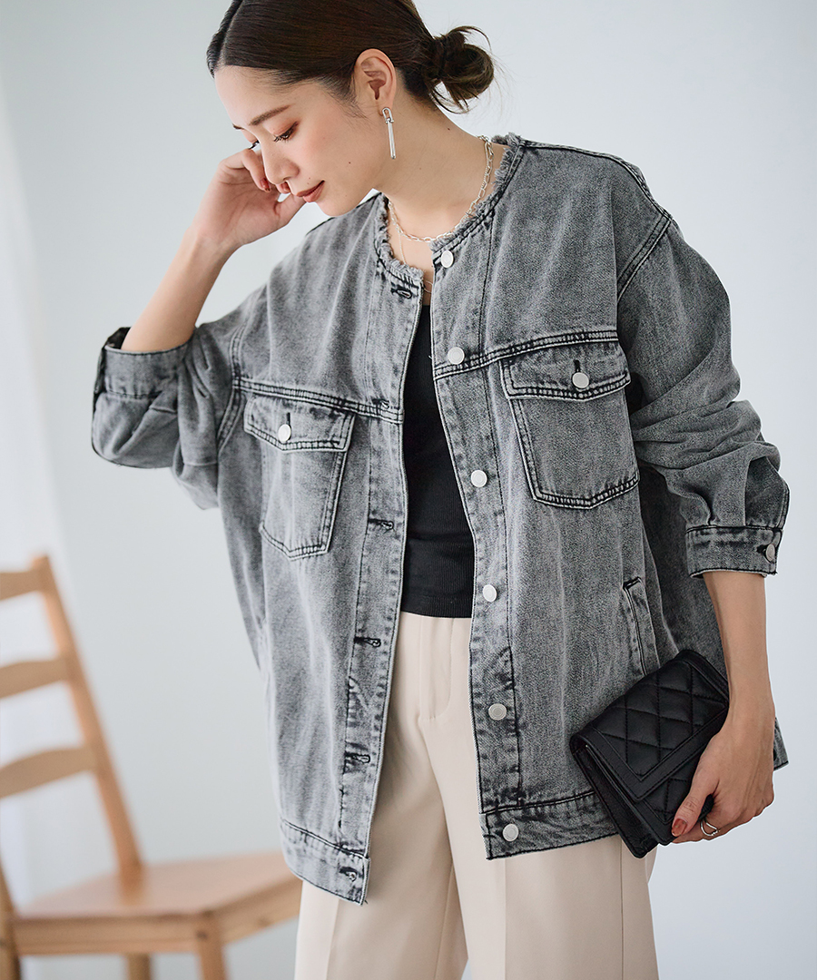 SALE Gジャン レディース オーバーサイズ ノーカラー デニムジャケット
