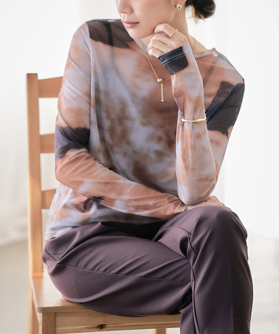シアートップス 柄 ニュアンス柄 シアー ロングTシャツ レディース 春
