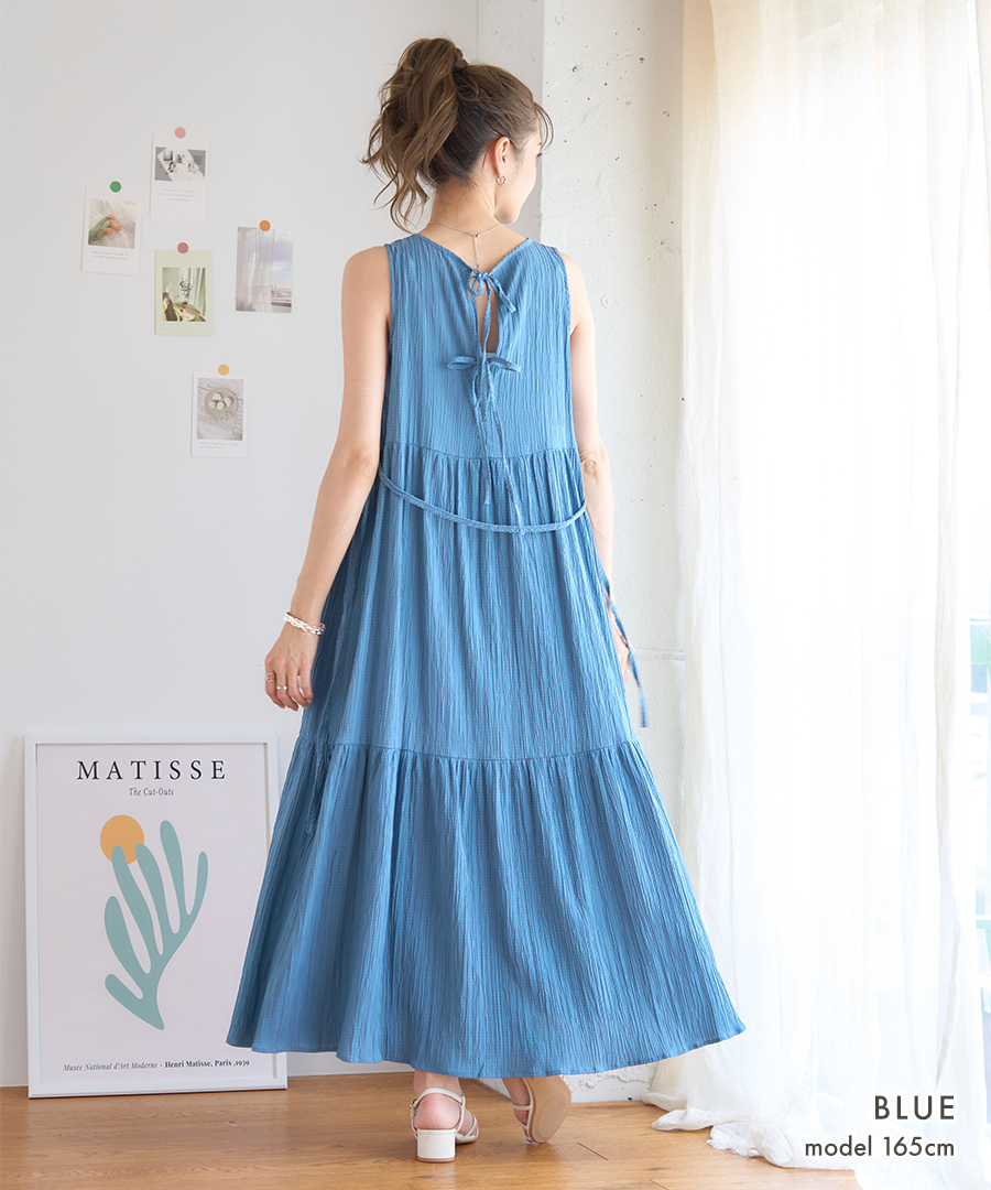 【美品】ツモリチサト.ノースリワンピース　クレプリ　海柄　楊柳　ウエストリボン 刺繡とフリルカラー ノースリーブワンピース ウエストリボン【春