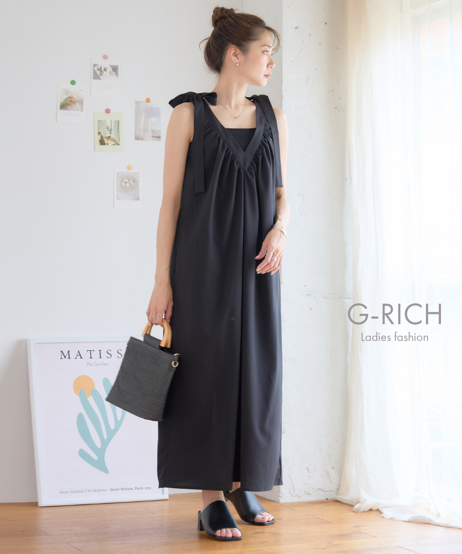 肩リボン ワンピース 夏 ロング マキシ リゾートワンピース Vネック