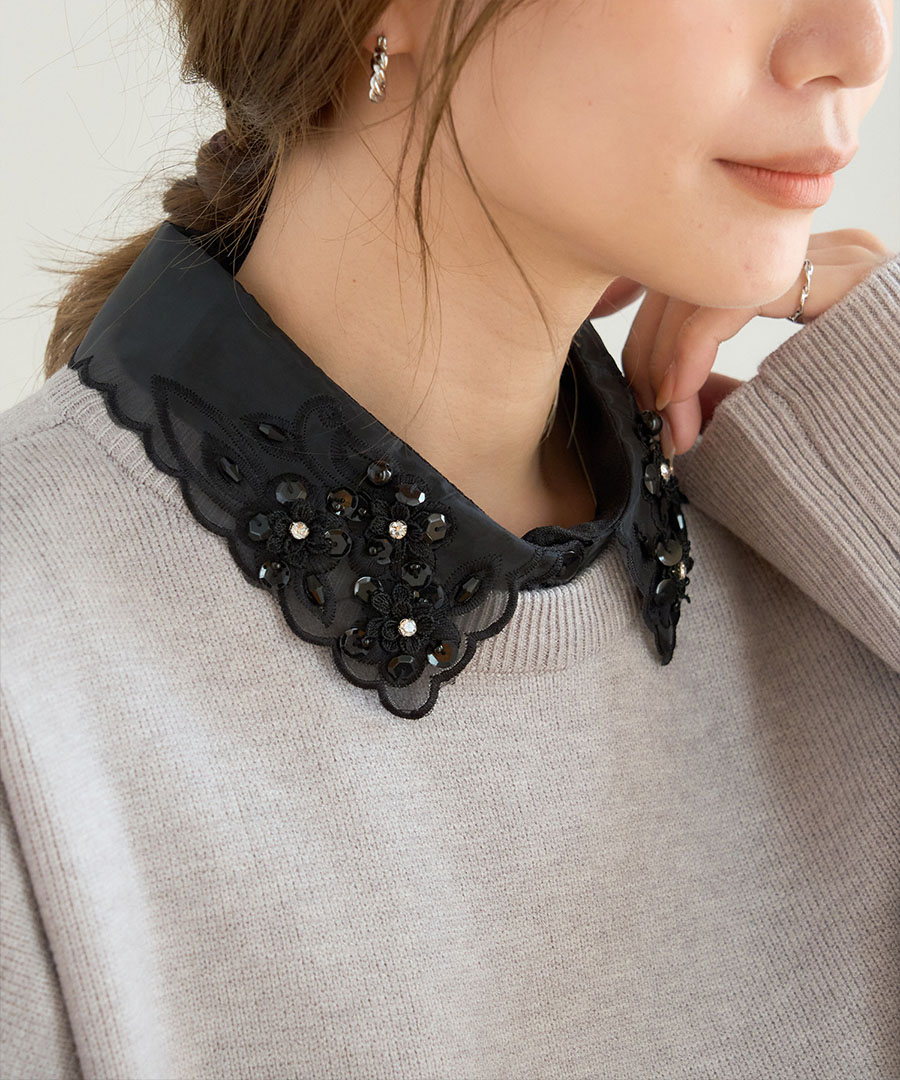 アンティーク オープンカットワーク花刺繍 アイレット スカラップスタイ 付け襟 つけ襟 レース フラワー 刺繍 付け襟 ビジュー スカラップデザイン