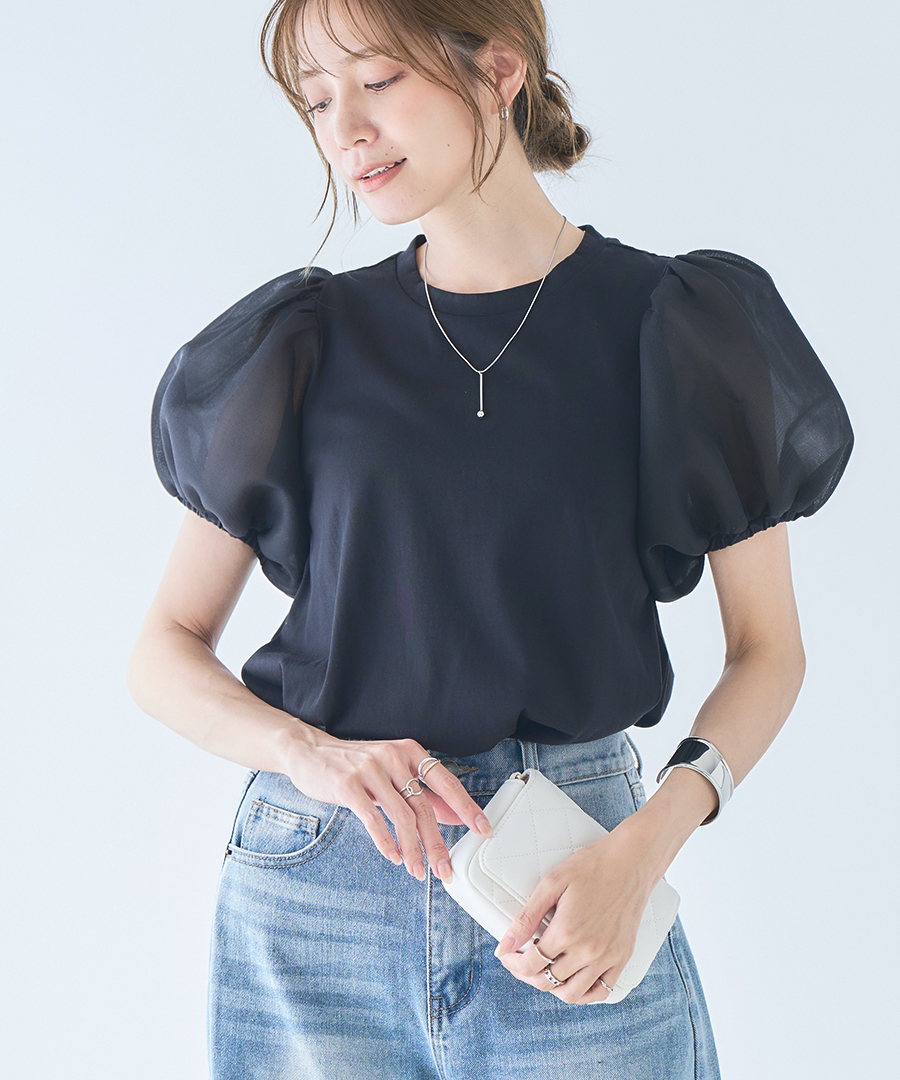 パフスリーブ Tシャツ レディース 半袖 カットソー シアーダンボール