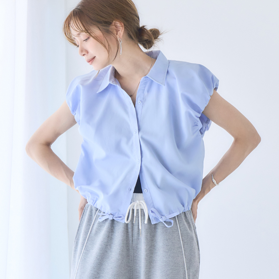 パワーショルダーブラウス　ノースリーブブラウス ブラウス シャツ cotton check power shoulder shirt /コットン