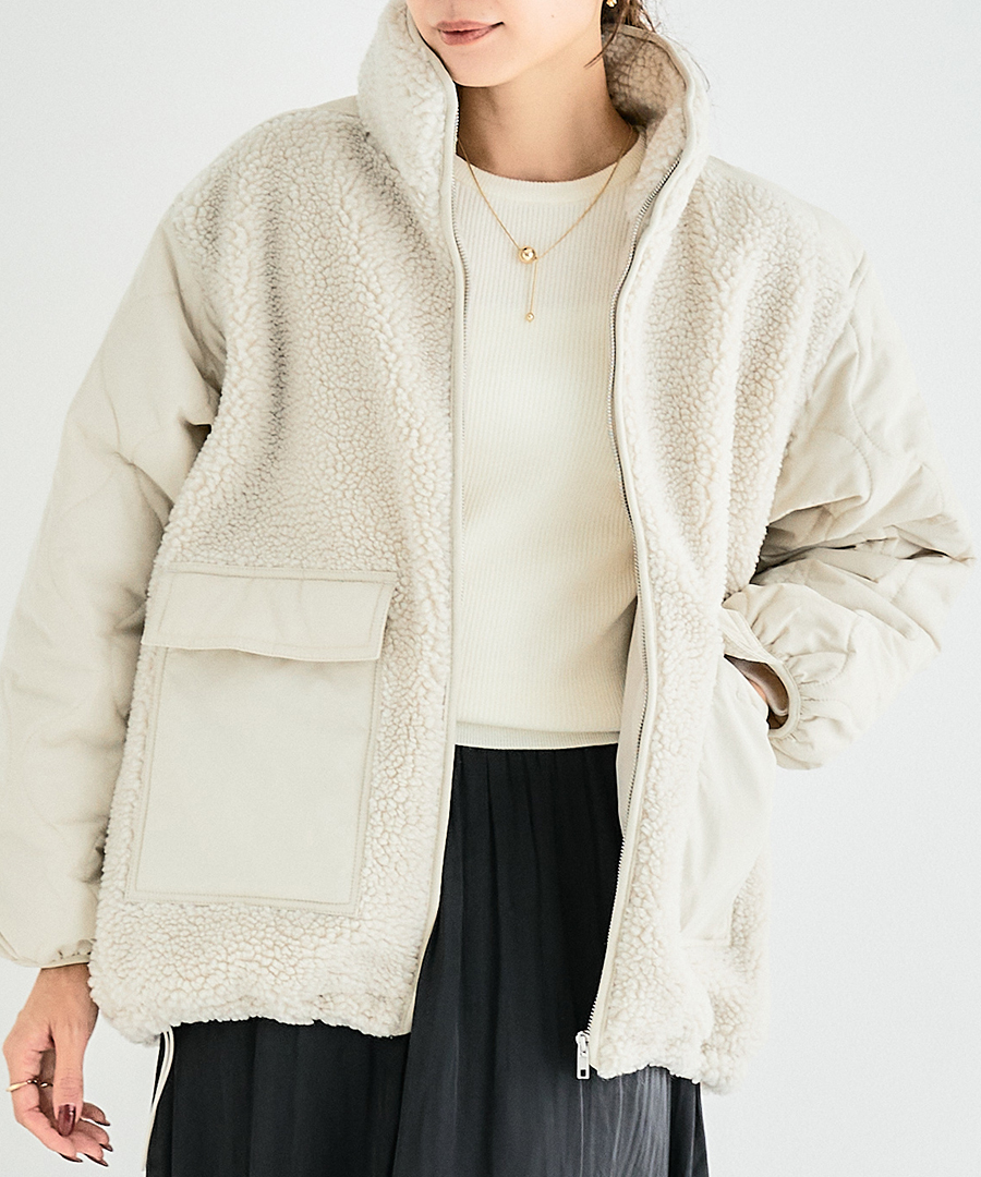 SALE ボアジャケット レディース スタンドネック ボア切替 キルト ボア