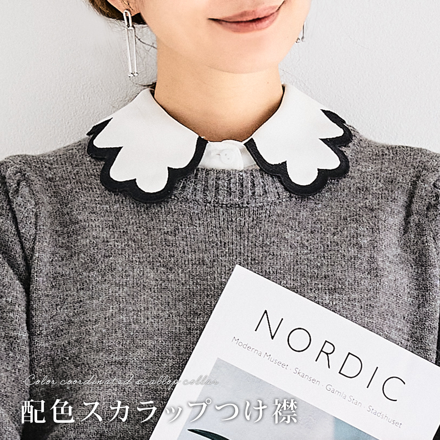 つけ襟 付け襟 スカラップ 配色 刺繍 フリル オシャレ つけえり 白 
