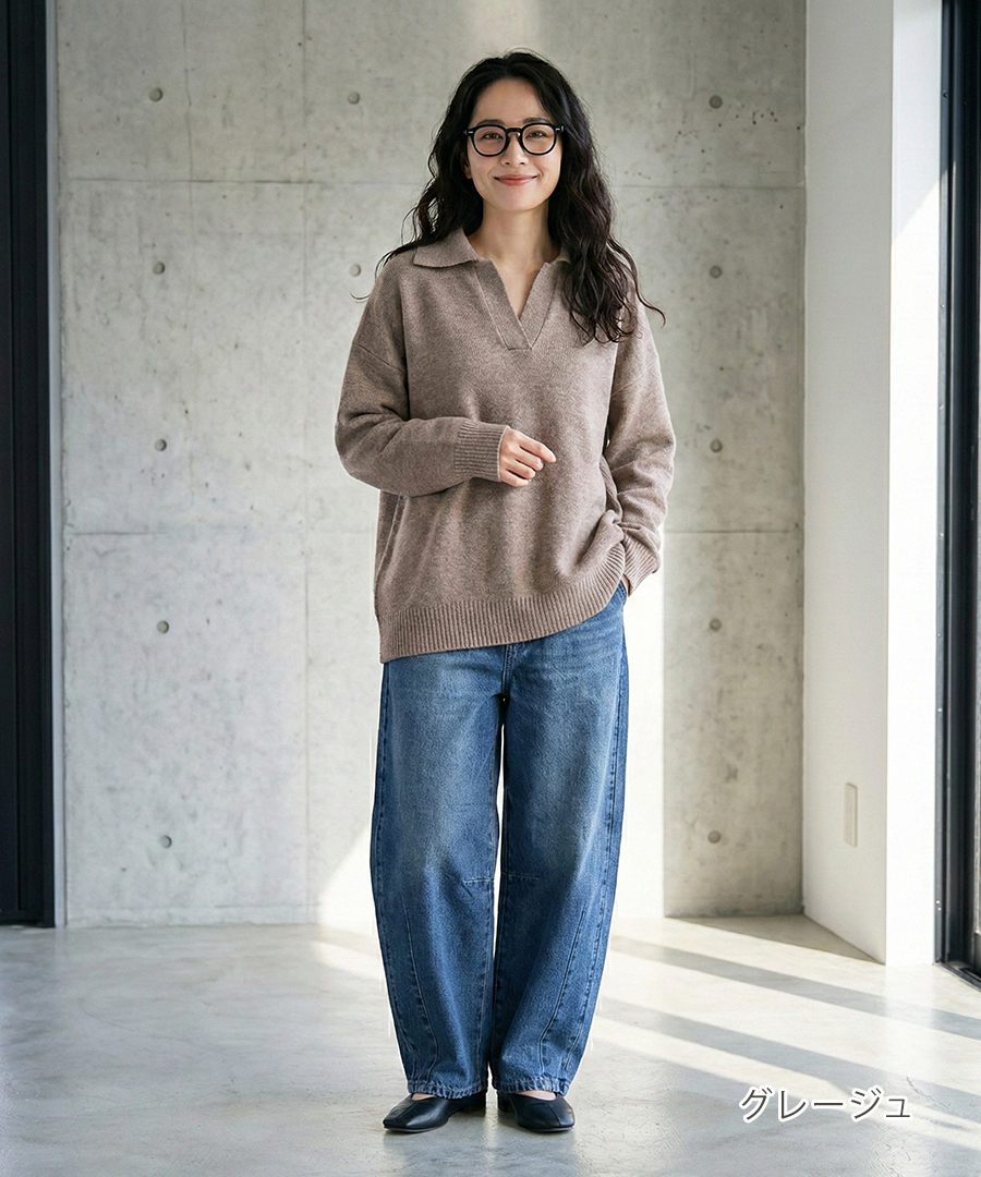 ポロ襟 ニット スキッパー レディース 長袖 トップス ポロニット