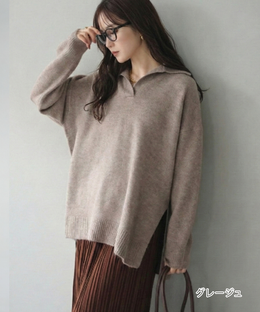 pheeny トップス レディース 長袖 スキッパーニット 紺 プルオーバー ポロ襟 ニット スキッパー レディース 長袖 トップス ポロニット
