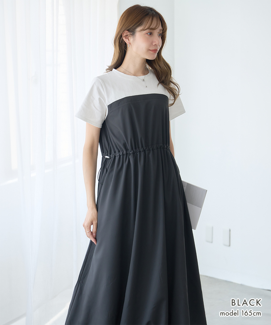 一枚でサマ見え！異素材×バルーン 半袖ドッキングバルーンワンピース | ブランド登録なし | 02