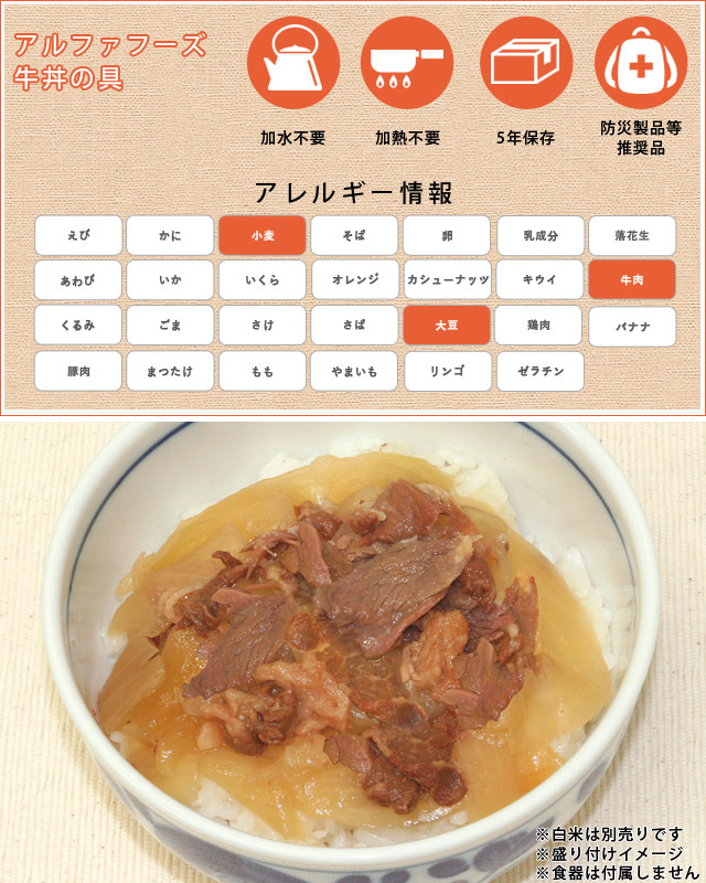 アルファフーズ 防災用品 非常食 5年保存 美味しい防災食 牛丼の