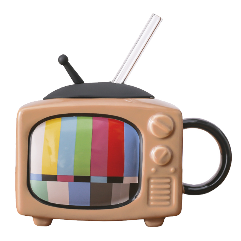ストロー付き マグカップ テレビ 型 昭和 レトロ 蓋 ストロー 付き 陶器 ティーカップ コーヒーカップ 大容量 400ml (gu1c519)「送料無料」 | ブランド登録なし | 01