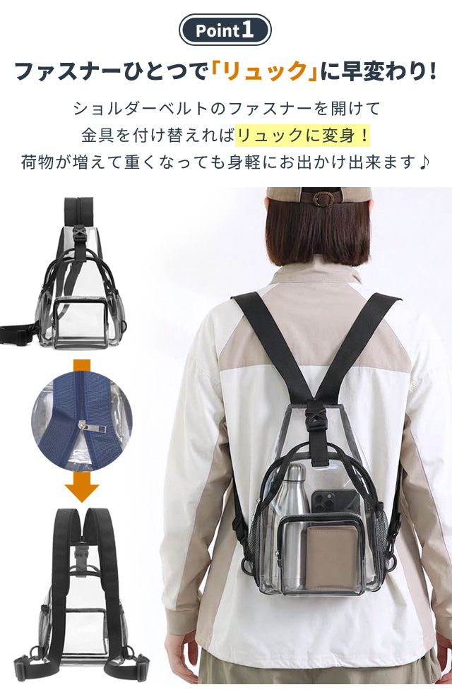 クリア ボディバッグ リュック 2WAY ショルダー 透明バッグ 大容量