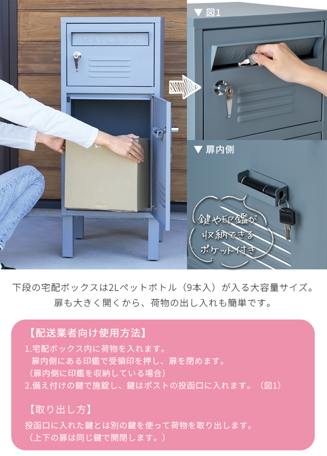 宅配ボックス ポスト付き 一体型 置き型 大容量 スタンドポスト キー