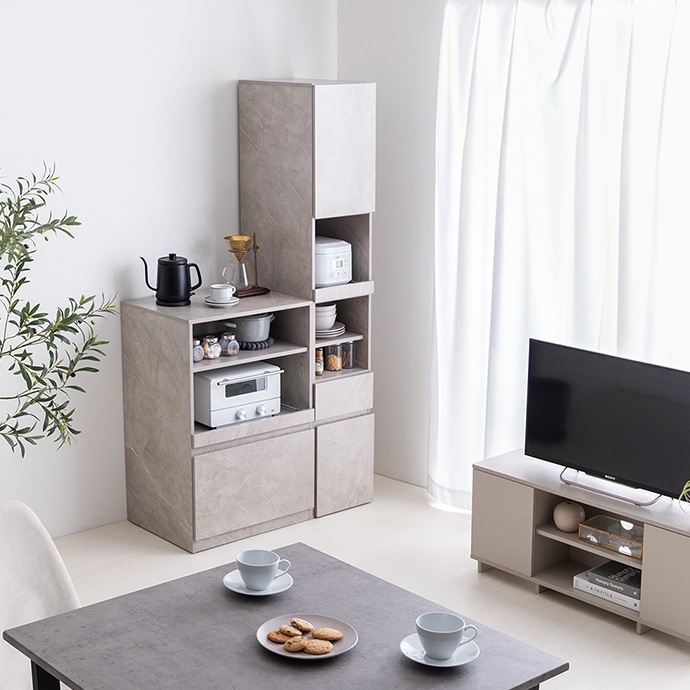 ストーングレー キッチン収納　カップボード　食器棚 楽天市場】配送設置付【EJISON】幅120.5 食器棚 日本製 完成品 国産