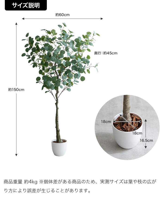 光触媒人工観葉植物 fake green ユーカリ (約)幅60cm×奥行45cm×高さ150cm 照明光で消臭・抗菌・防汚・ホルムアルデヒド分解の効果を発揮 フェイクグリーンの画像
