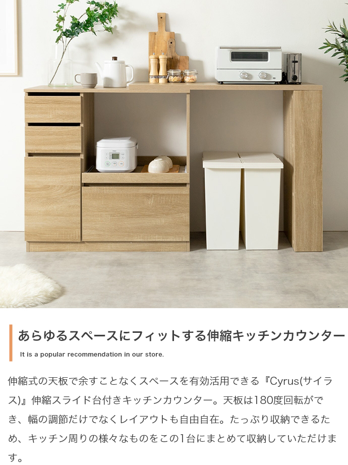 キッチンカウンター 伸縮式 RASH 食器棚 幅 80 cm 幅100から154.5cm