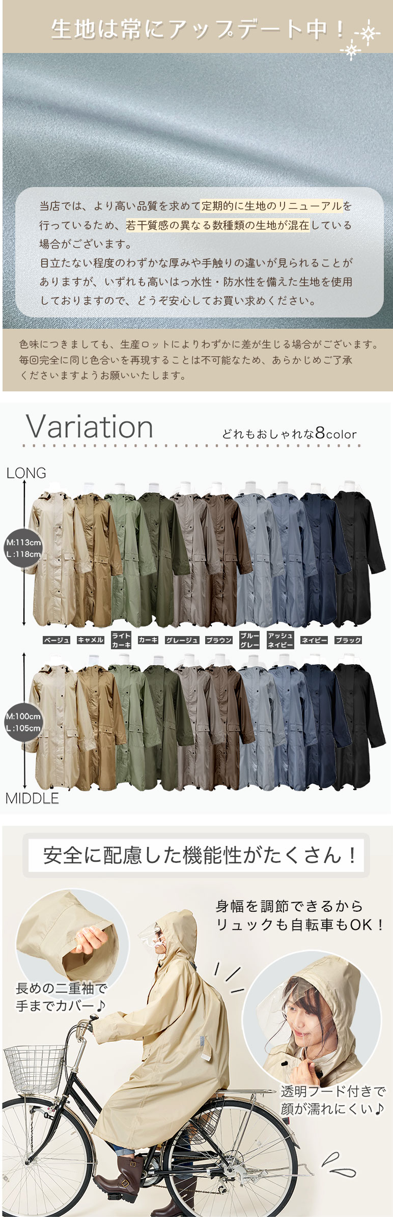 レインコート レディース ロング ミドル 自転車 リュック対応