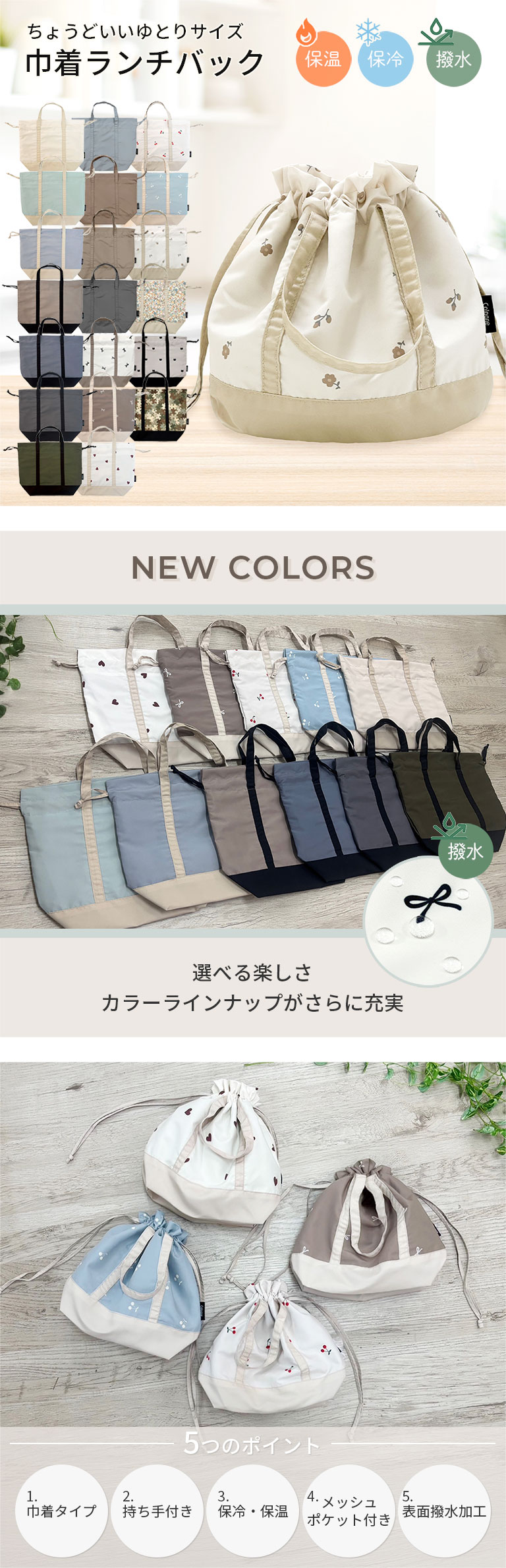 撥水 お弁当袋 ランチバッグ はっ水 巾着袋 保冷バッグ 保冷 保温