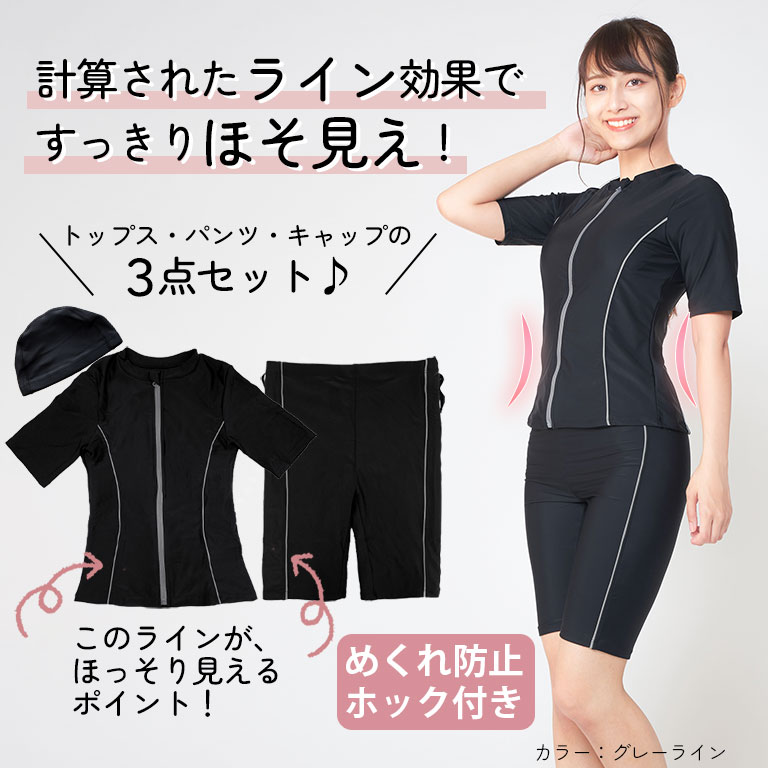 フィットネス水着 レディース 半袖 セパレート セット 着痩せ キャップ付き めくれ防止 大きいサイズ 前開き 体型カバー 水泳 ジム ft002 爆買 関連画像1