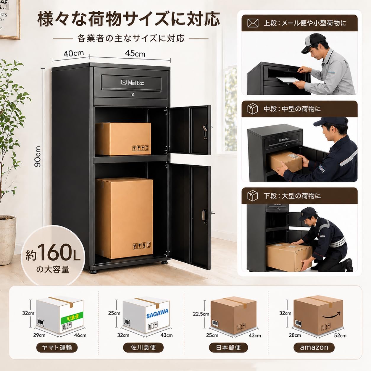 宅配ボックス 電子キー ポスト一体型 戸建 大型 160L 防水 複数投函