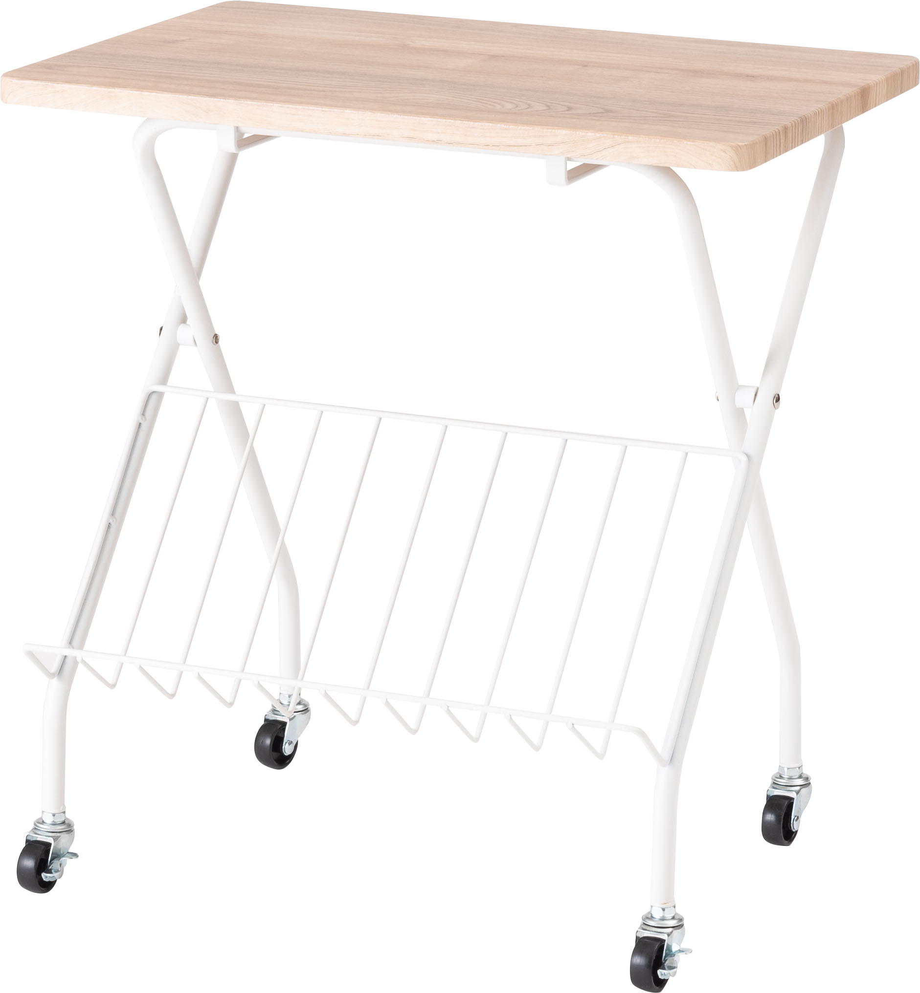 フォールディングサイドテーブ 折りたたみ マガジンラック 雑誌棚 キャスター付き 省スペース 作業台 木目調 スチール 高さ47cm 仕事机 おしゃれ |  | 02