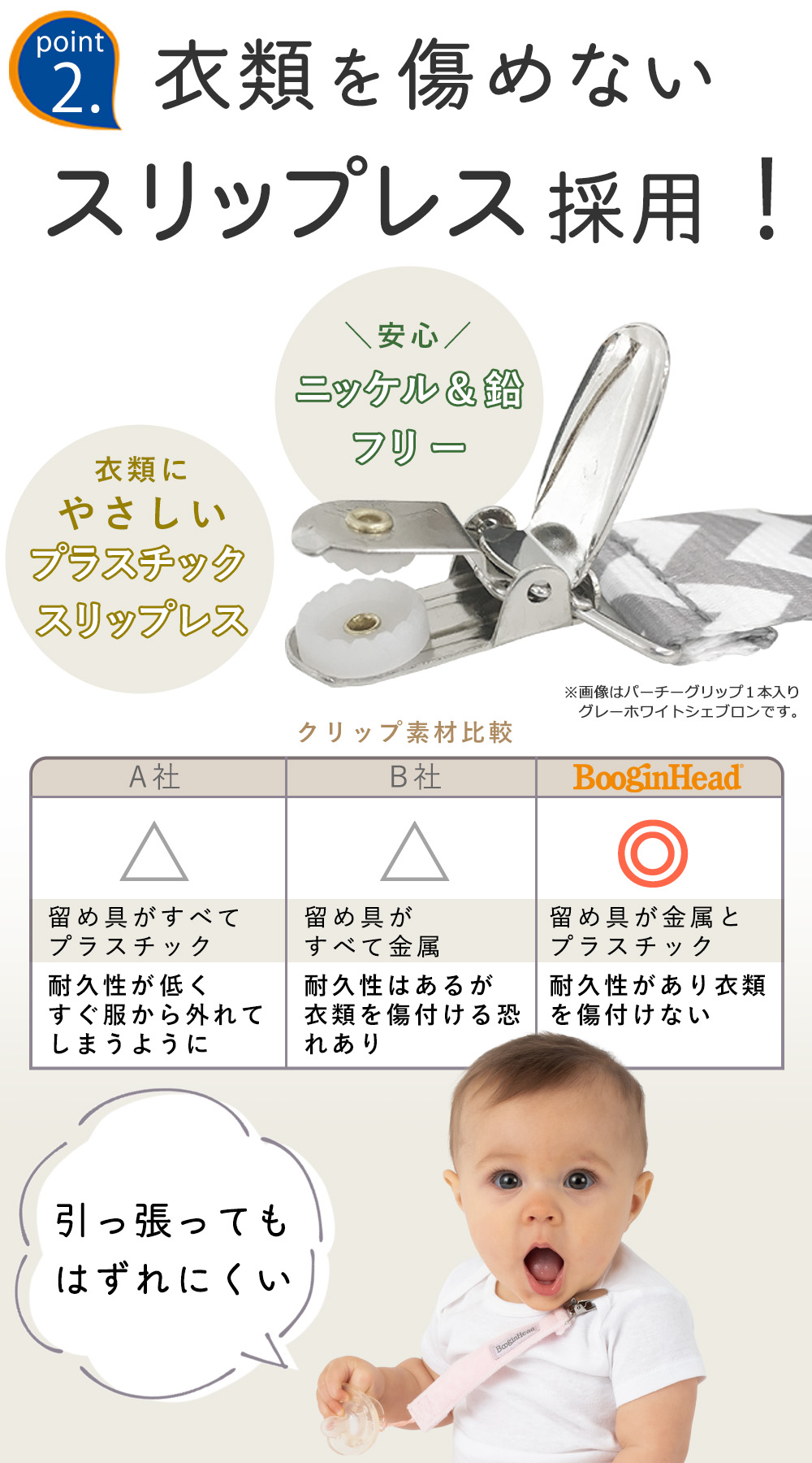 ブーギンヘッドおしゃぶりホルダーラックスパーチーグリップ2本セットは衣類を傷めないスリップレス