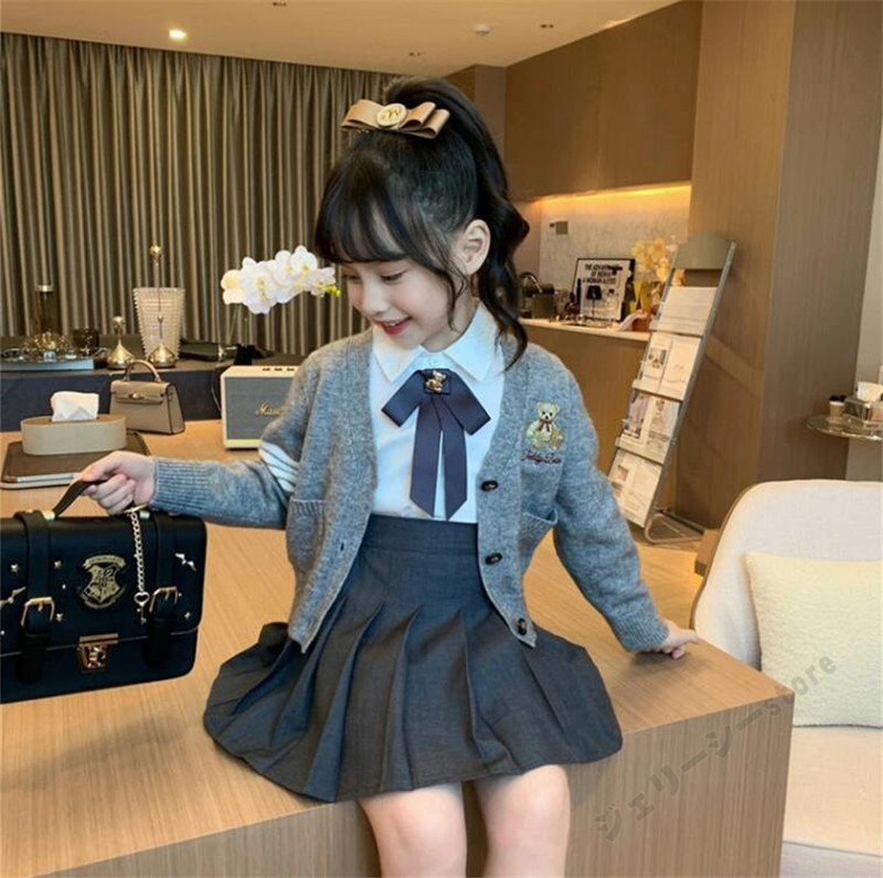 子供制服 フォーマル 女の子 キッズ 長袖 かわいい 子供スーツ カーディガン+シャツ+スカート セ...