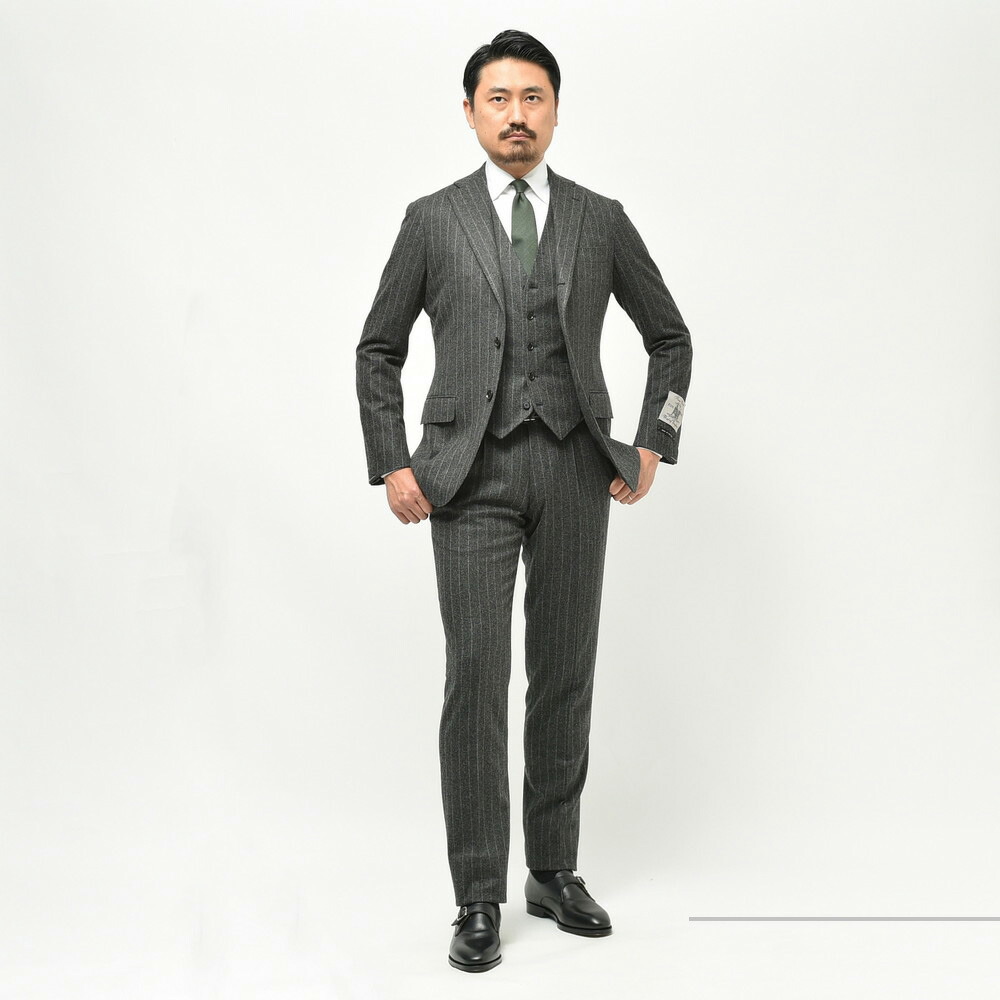 【極美品・しつけ糸付】エポカウォモ シルク混 スーツ ストライプ グレー 46 guji（グジ）ウールフランネルチョークストライプ3B1プリーツスーツ