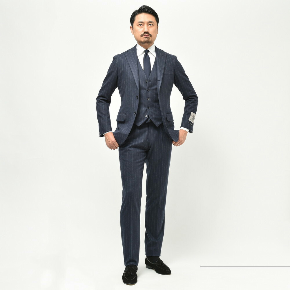 guji（グジ）ウールフランネルチョークストライプ3B1プリーツスーツ