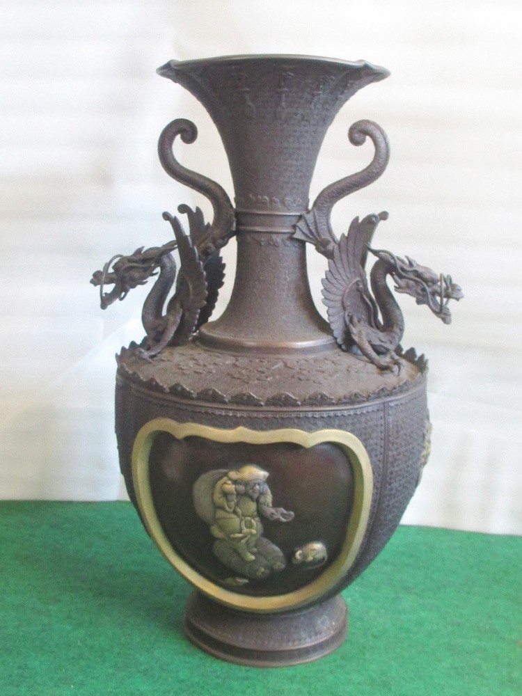 送料無料】 高岡銅器 銅器花瓶 壺 ＜龍 大黒 弁財天＞ 国産 青銅