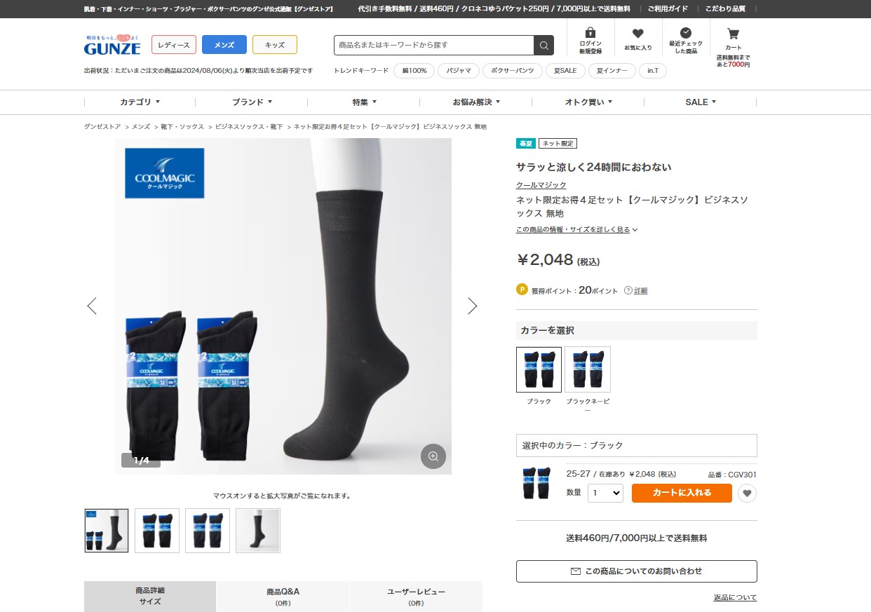 COOLMAGIC グンゼ GUNZE 靴下 メンズ 夏用 4足 セット ソックス