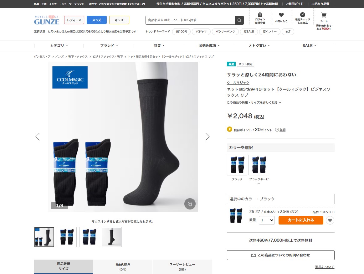 COOLMAGIC グンゼ GUNZE 靴下 メンズ 夏用 4足 セット ソックス