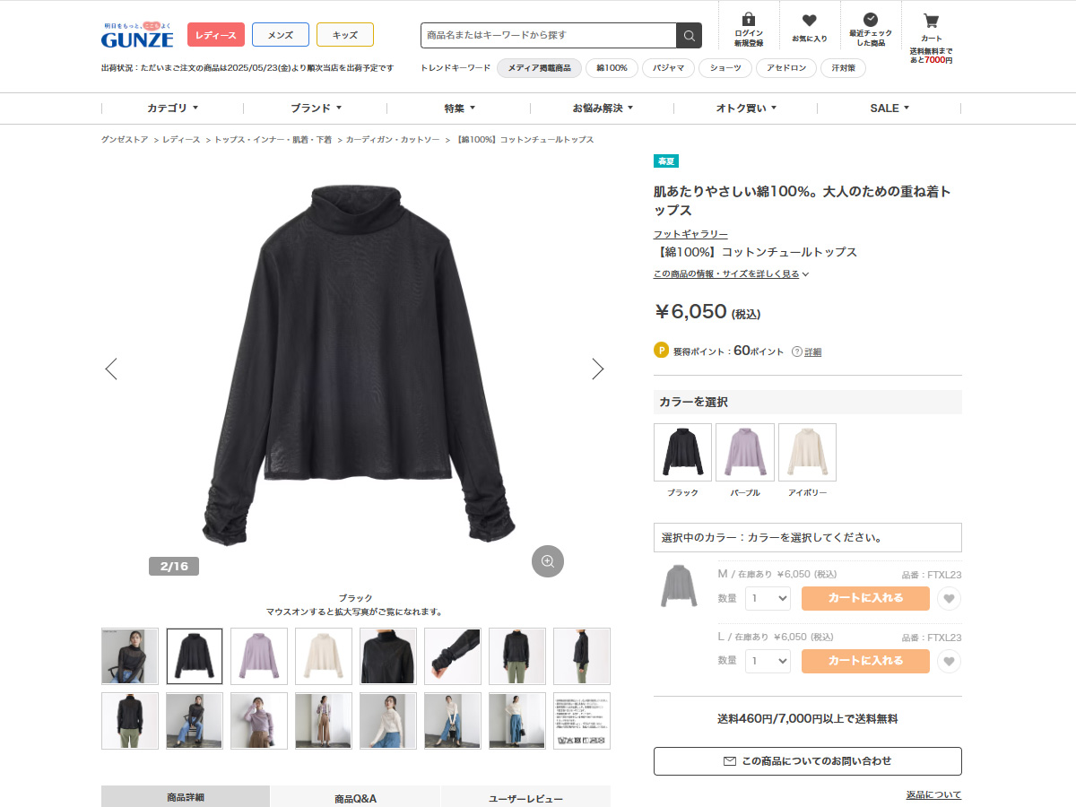 GUNZE グンゼ コットン チュール トップス レディース