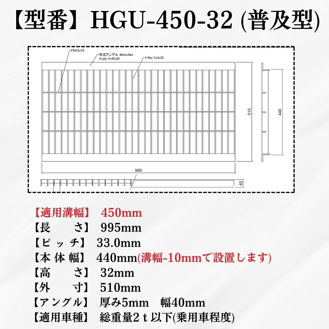 グレーチング U字溝 HGU-450-32 溝幅450mm用 乗用車荷重 T-2 規格 溝 蓋 側溝 普及型 並目 法山本店_1